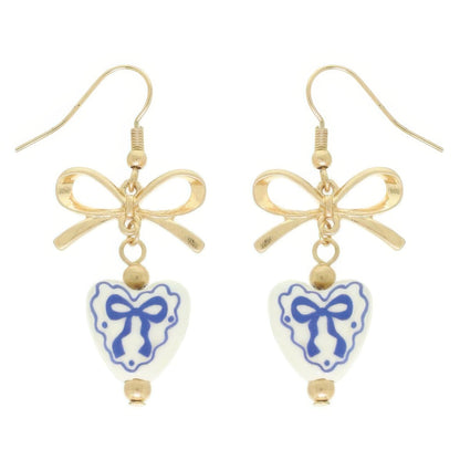 Ceramic Heart Charm Bow Earrings
