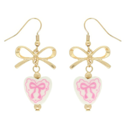 Ceramic Heart Charm Bow Earrings