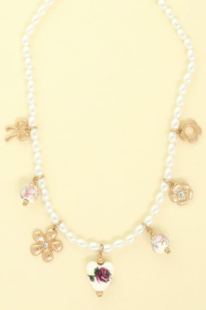 Floral Charmed Pearl Beaded Necklace