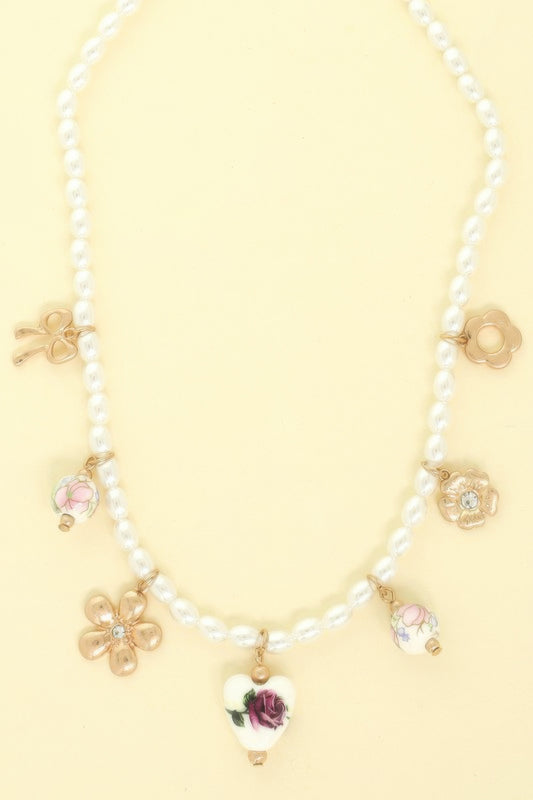 Floral Charmed Pearl Beaded Necklace