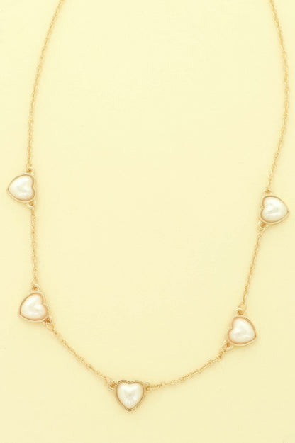 Bezel Set Pearl Heart Station Necklace