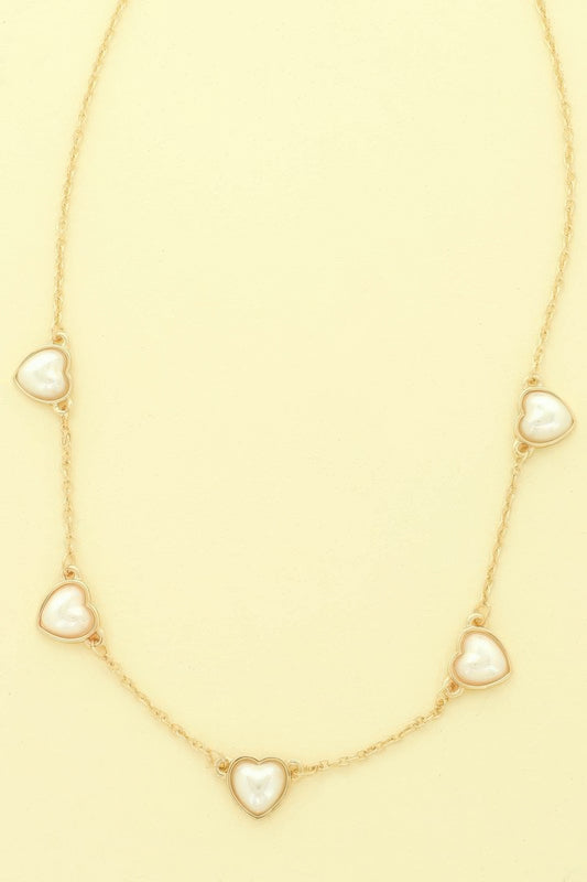 Bezel Set Pearl Heart Station Necklace