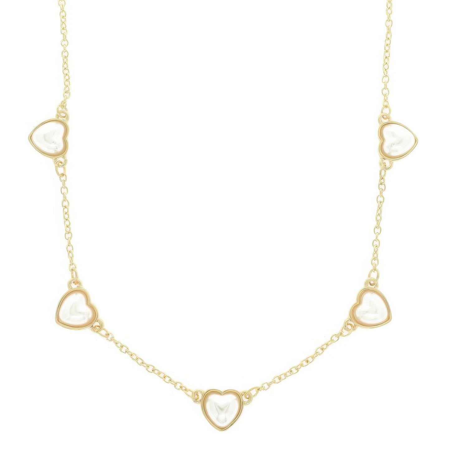 Bezel Set Pearl Heart Station Necklace