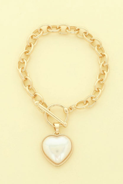 Pearl Heart Charm Toggle Chain Bracelet
