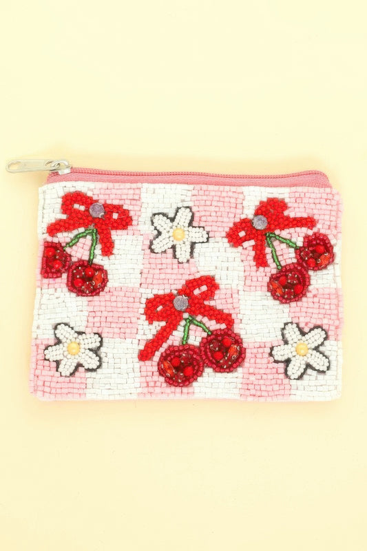 Floral Cherry Theme Beaded Coin Bag