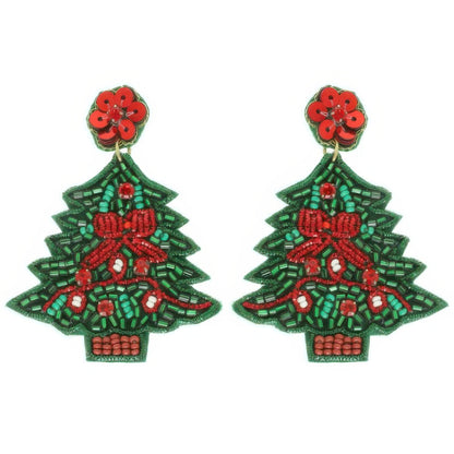 Christmas Tree Seed Beaded Post Earrings