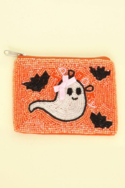 Halloween Ghost With Bow Beaded Coin Bag