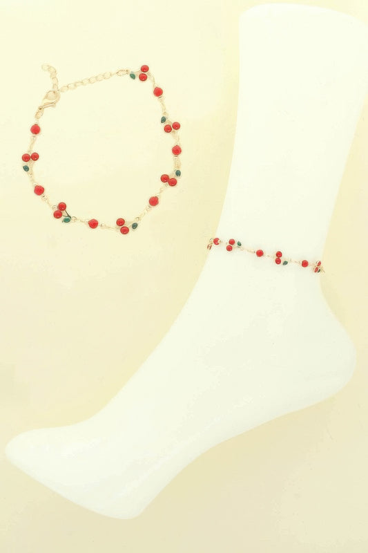 Jeweled Red Cherry Charm Anklet