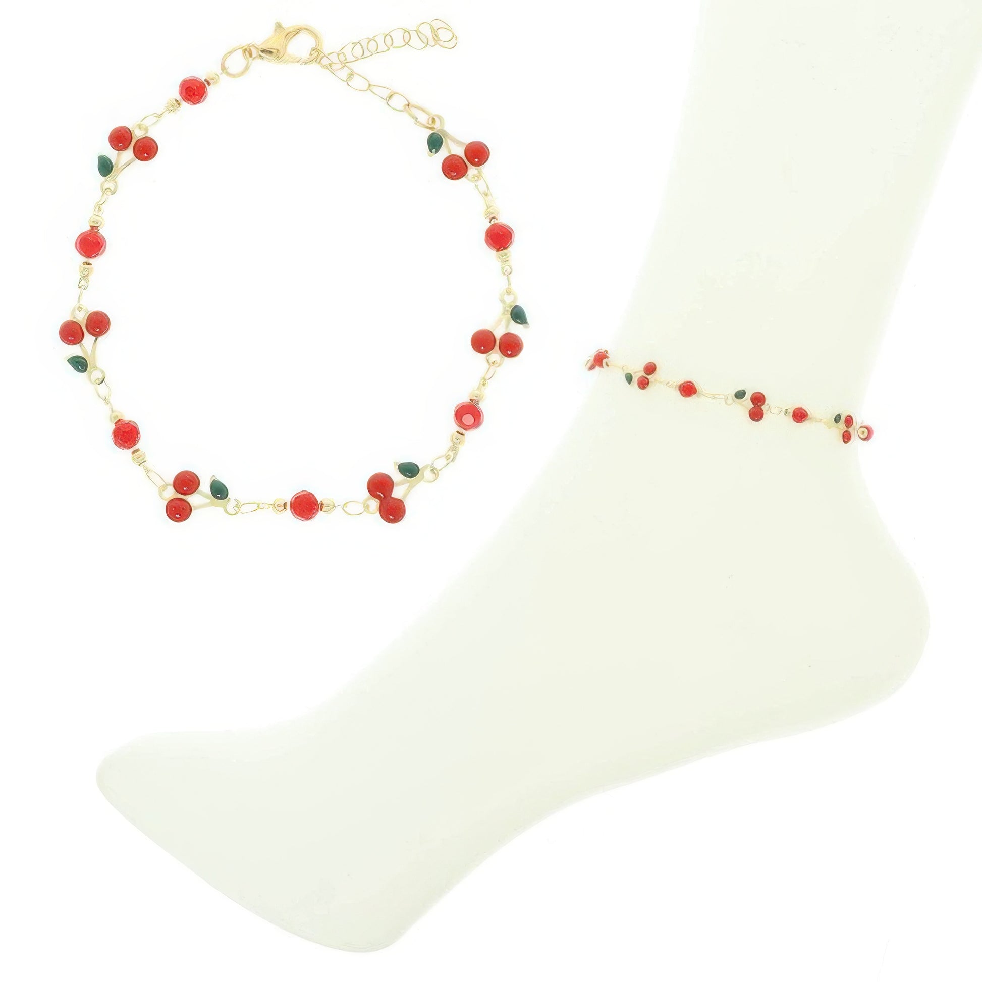 Jeweled Red Cherry Charm Anklet
