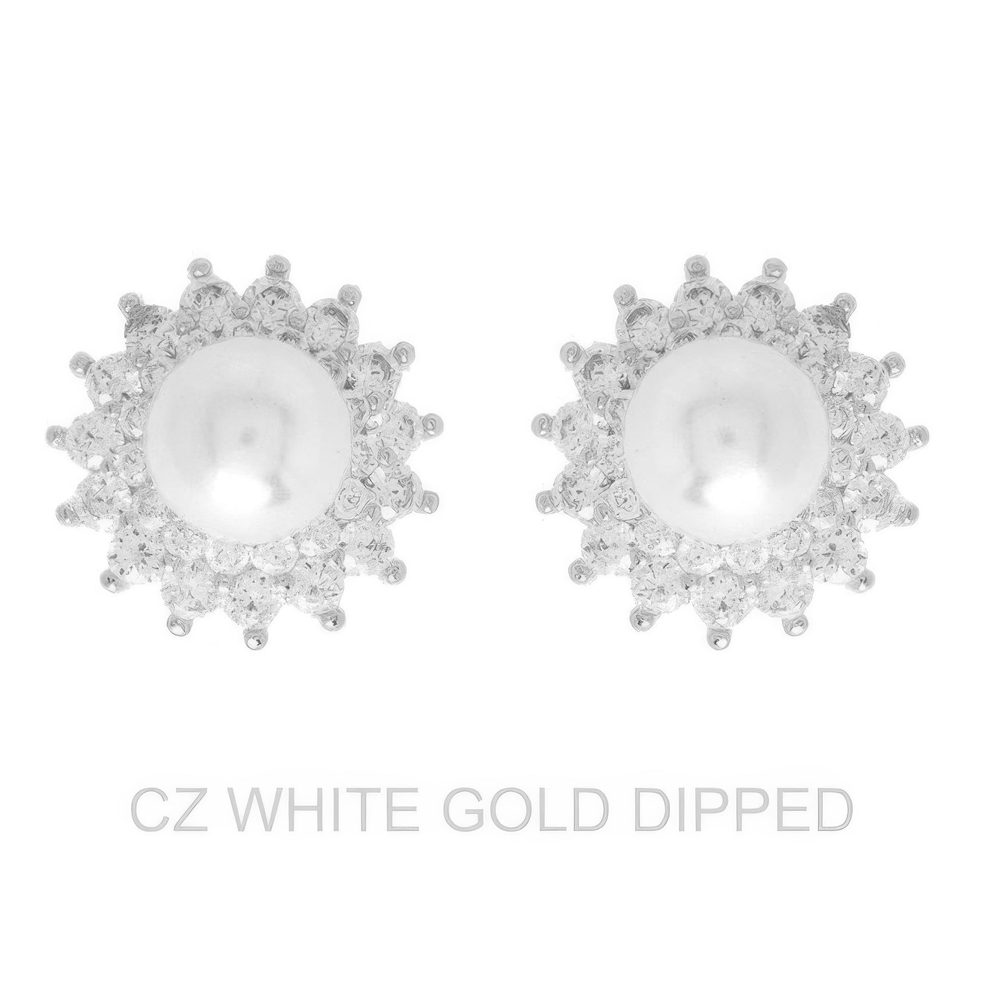 Gold Dipped Cz Pearl Sunburst Halo Drop Earrings
