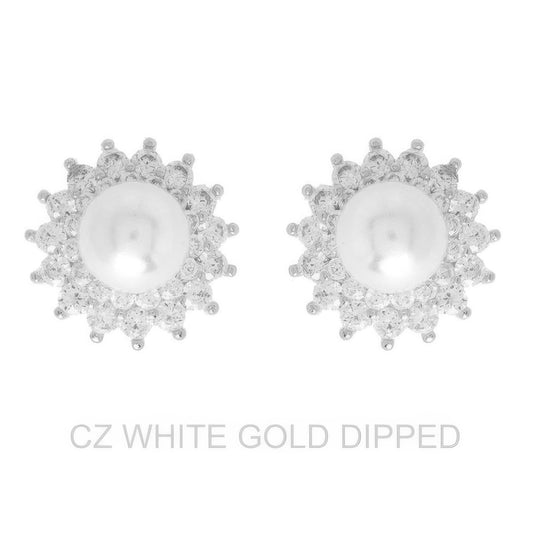 Gold Dipped Cz Pearl Sunburst Halo Drop Earrings