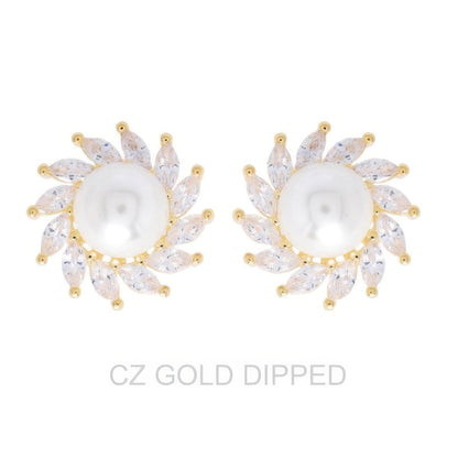 Gold Dipped Cz Pearl Spiral Halo Drop Earrings