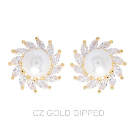 Gold Dipped Cz Pearl Spiral Halo Drop Earrings