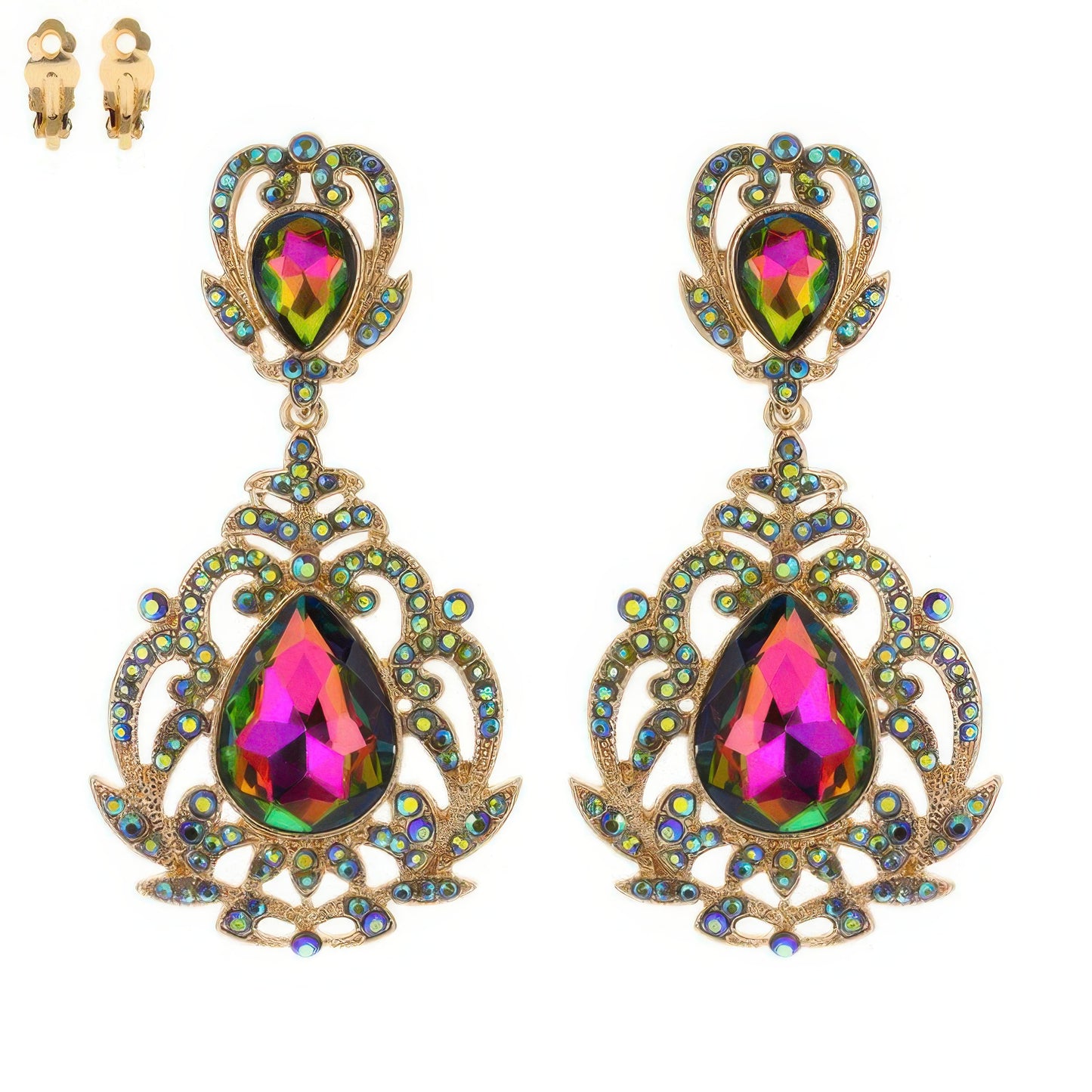 Crystal Teardrop Shaped Filigree Clip On Earrings