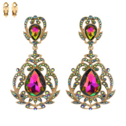 Crystal Teardrop Shaped Filigree Clip On Earrings