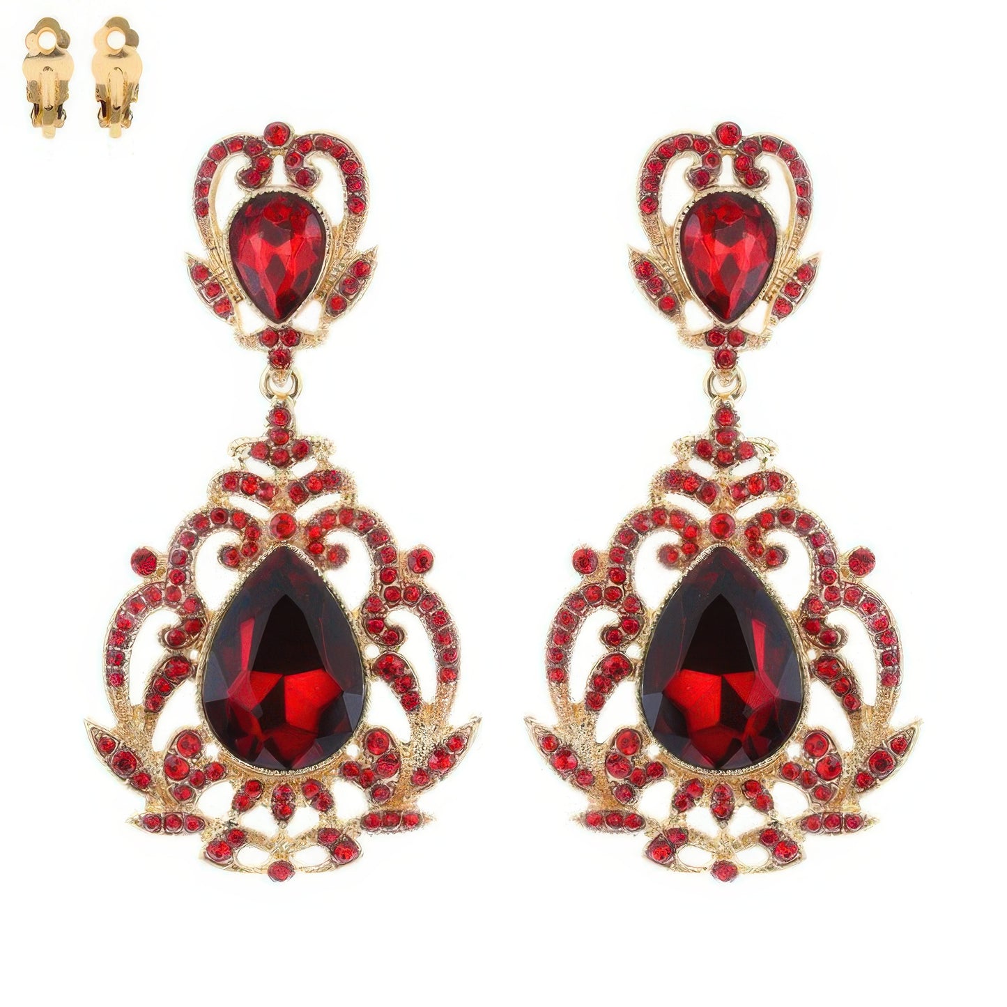 Crystal Teardrop Shaped Filigree Clip On Earrings