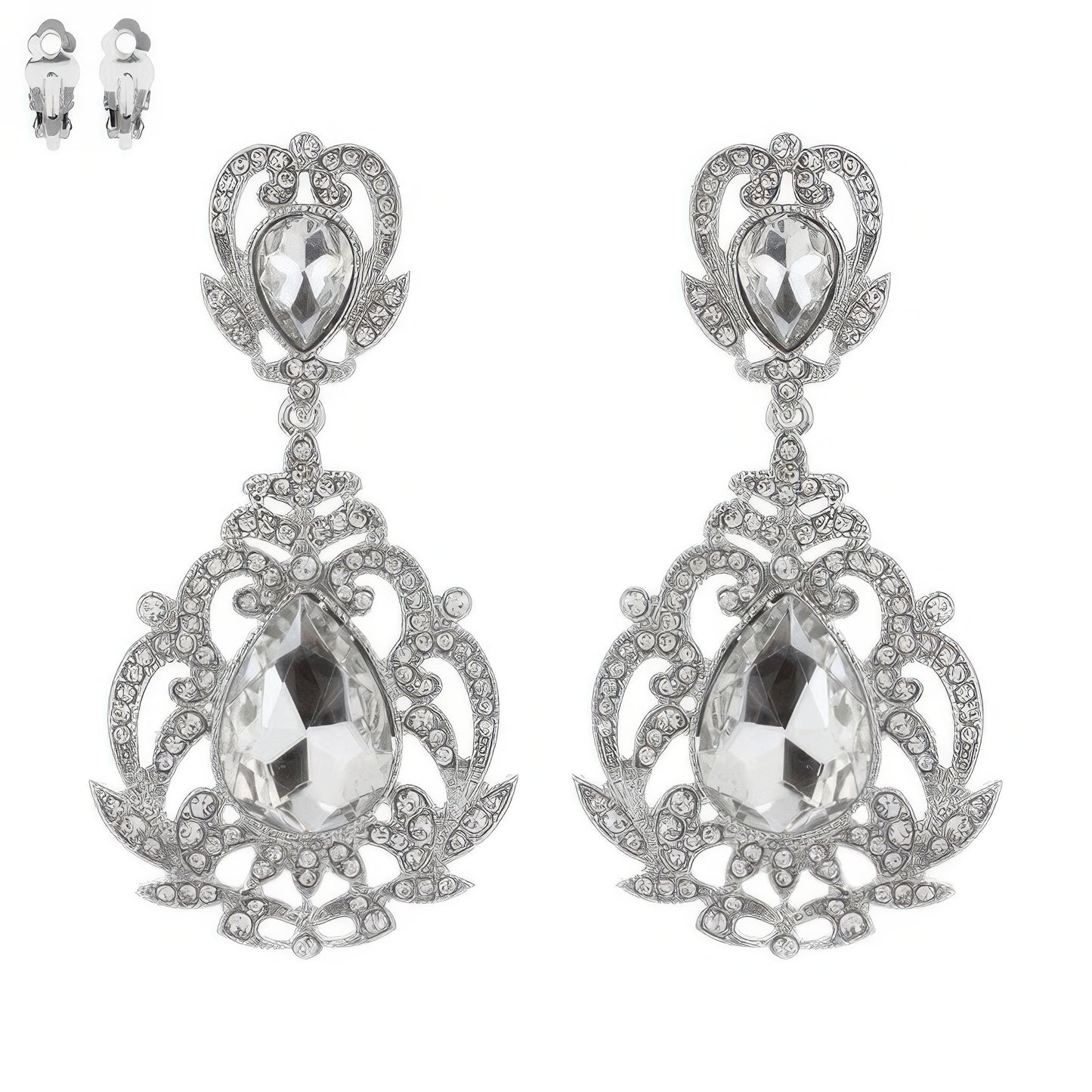 Crystal Teardrop Shaped Filigree Clip On Earrings