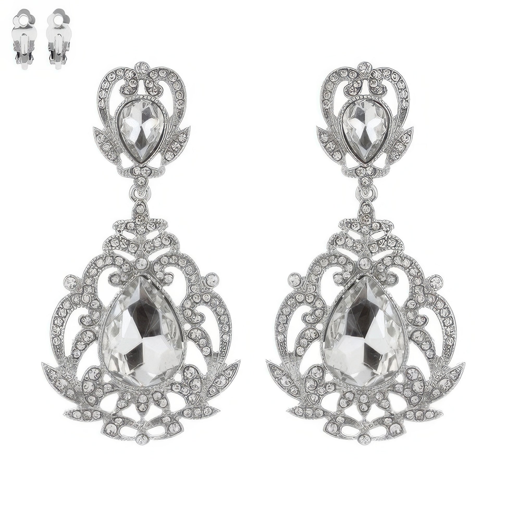 Crystal Teardrop Shaped Filigree Clip On Earrings