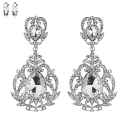Crystal Teardrop Shaped Filigree Clip On Earrings