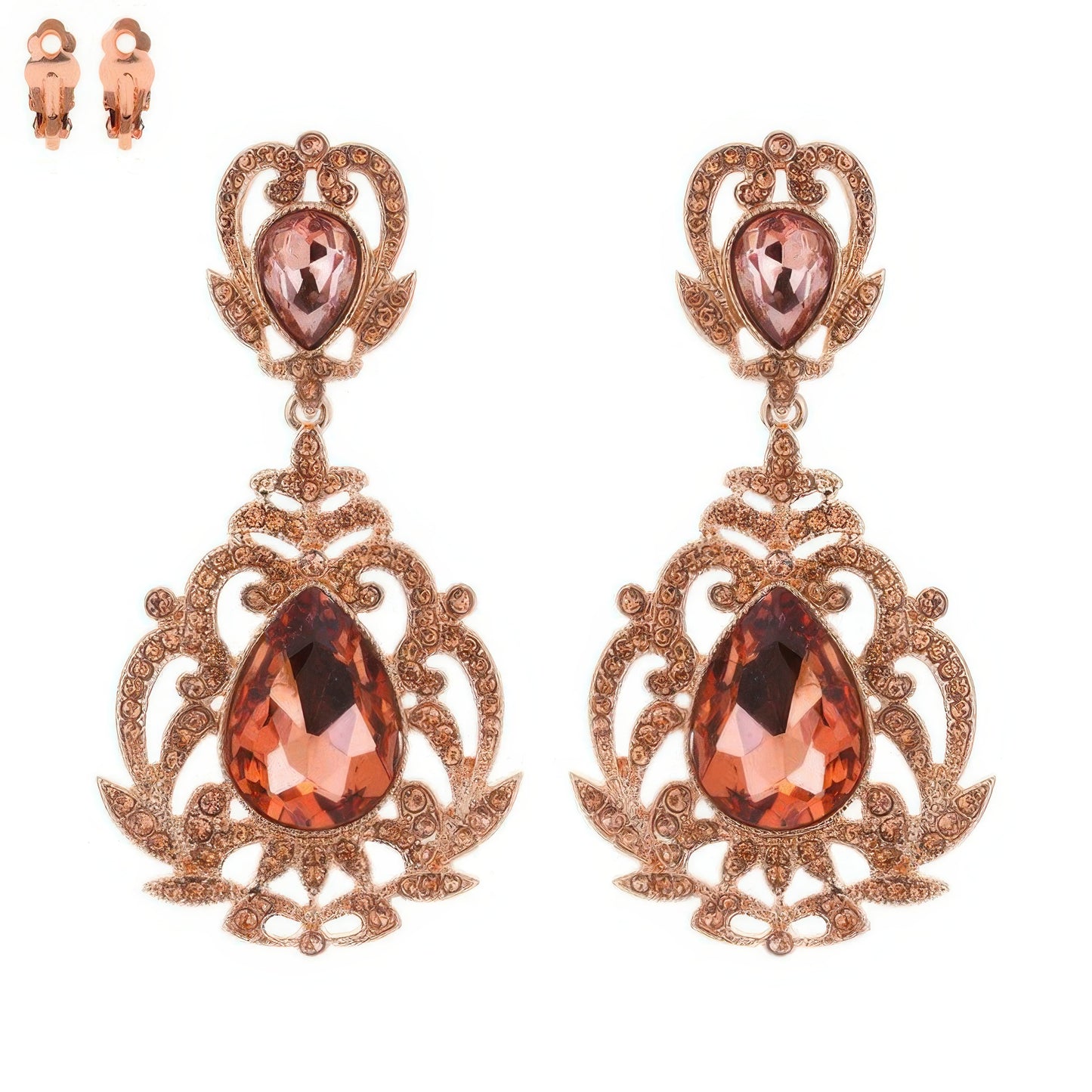 Crystal Teardrop Shaped Filigree Clip On Earrings