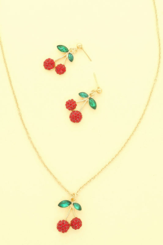 Red Cherry Pendant Necklace Earring Set