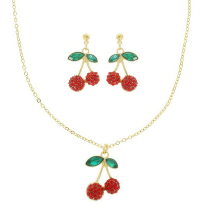 Red Cherry Pendant Necklace Earring Set