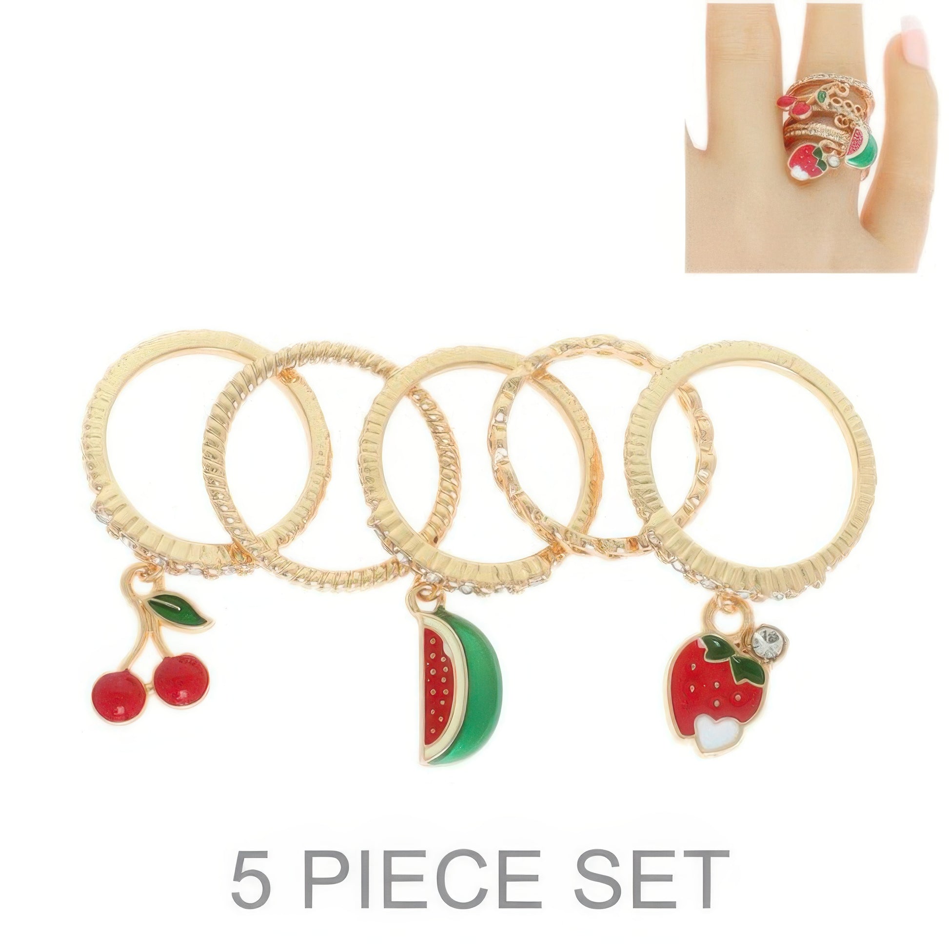 5pc Fruit Enamel Stackable Ring Set