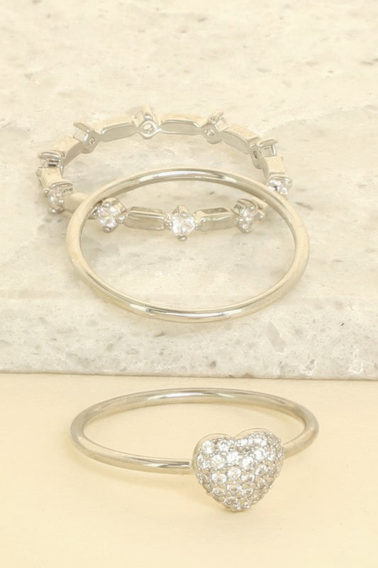 3pc Cz Heart Stackable Ring Set