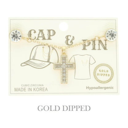 Gold Plated Cross Charm Chain Pin