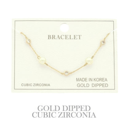 Gold Plated Pearl Cz Station Bracelet