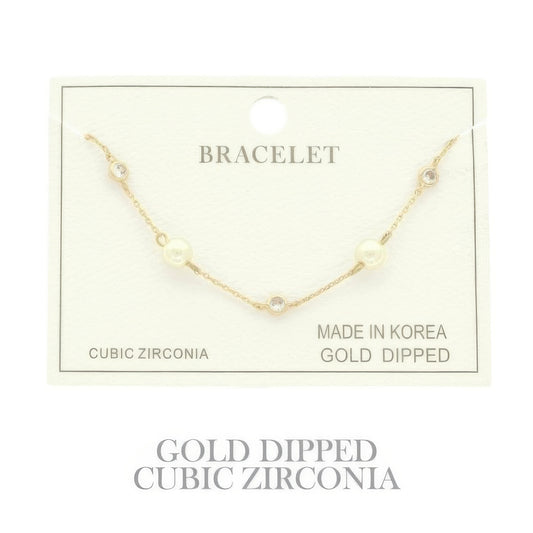 Gold Plated Pearl Cz Station Bracelet