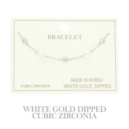 Gold Plated Pearl Cz Station Bracelet