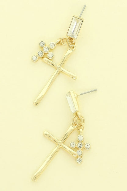 Stick And Rhinestone Cross Charm Crystal Earrings