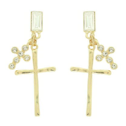 Stick And Rhinestone Cross Charm Crystal Earrings