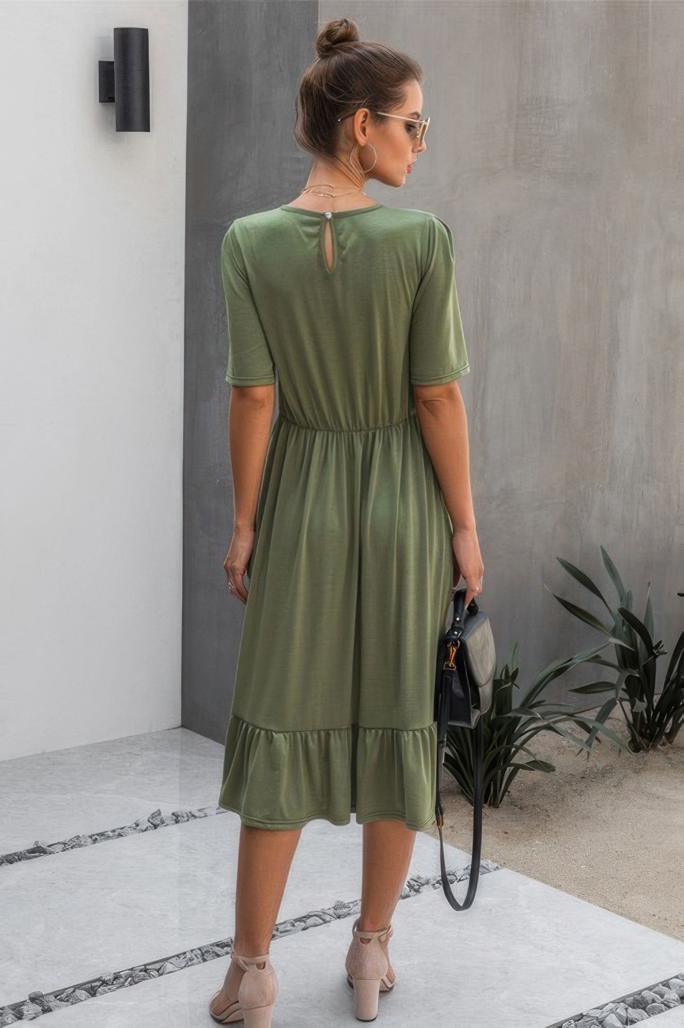 Round Neck Lace Detail Ruffle Hem Midi Dress