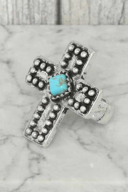 Western Rigidized Turquoise Cross Ring