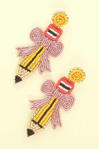 Pencil With Bow Beaded Earrings