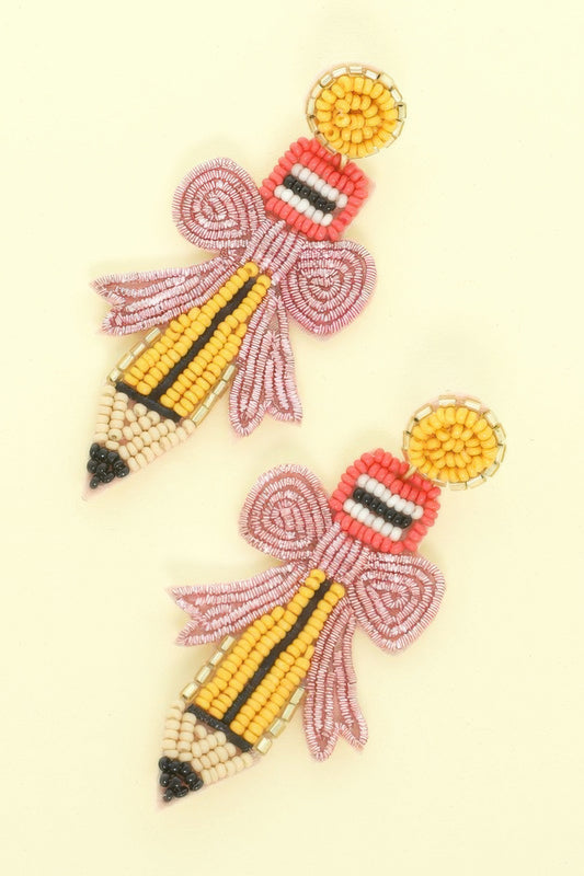 Pencil With Bow Beaded Earrings