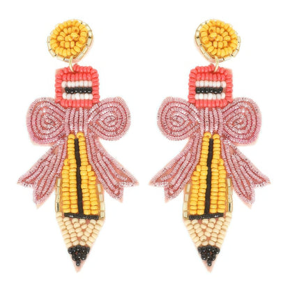 Pencil With Bow Beaded Earrings