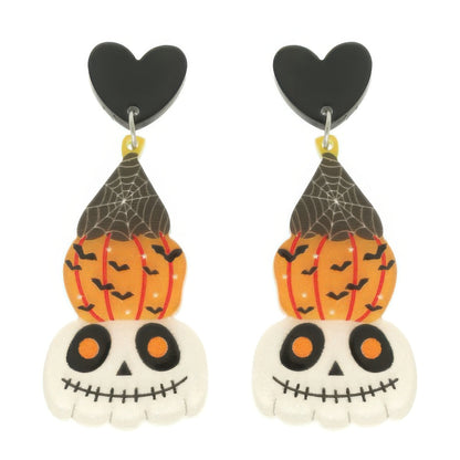 Halloween Skull And Pumpkin Post Dangle Earrings