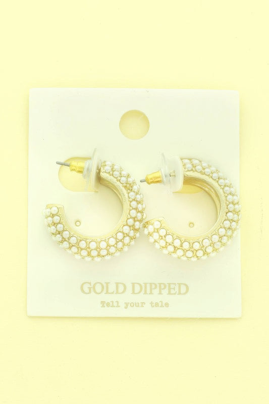 Gold Plated White Pearl Pave C-hoop Earrings