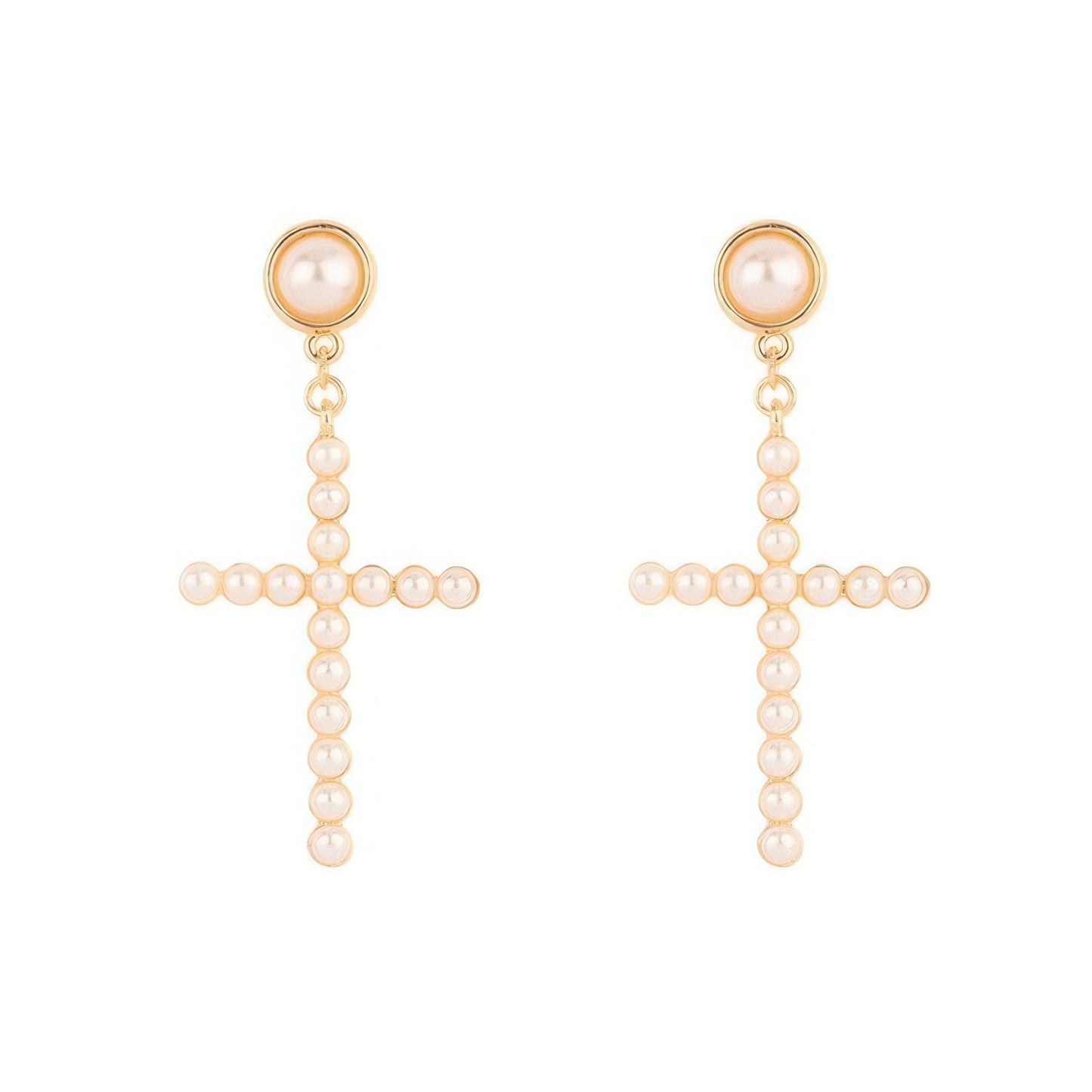 Flash-plated White Pearl Pave Cross Earrings