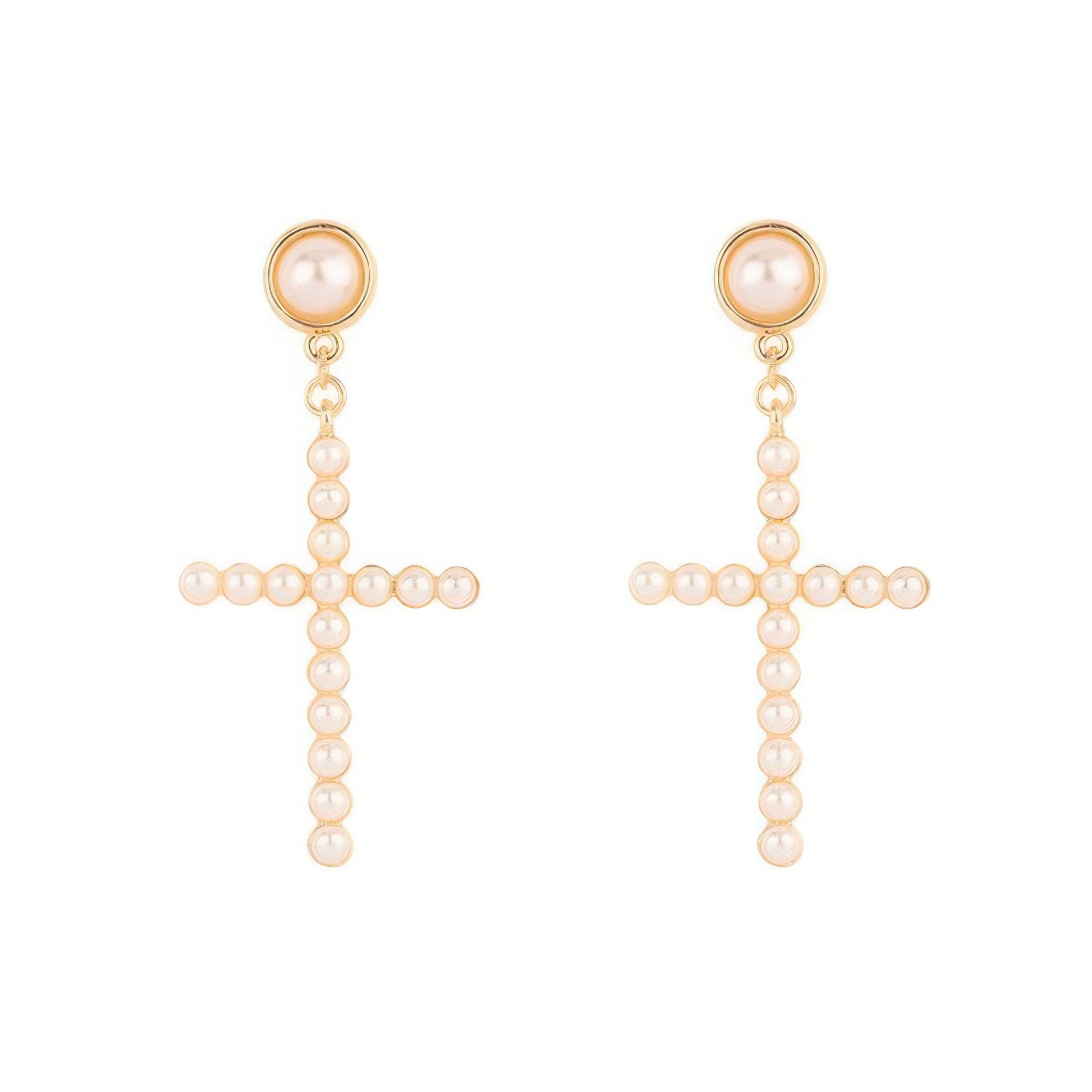 Flash-plated White Pearl Pave Cross Earrings