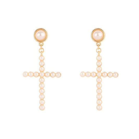 Flash-plated White Pearl Pave Cross Earrings