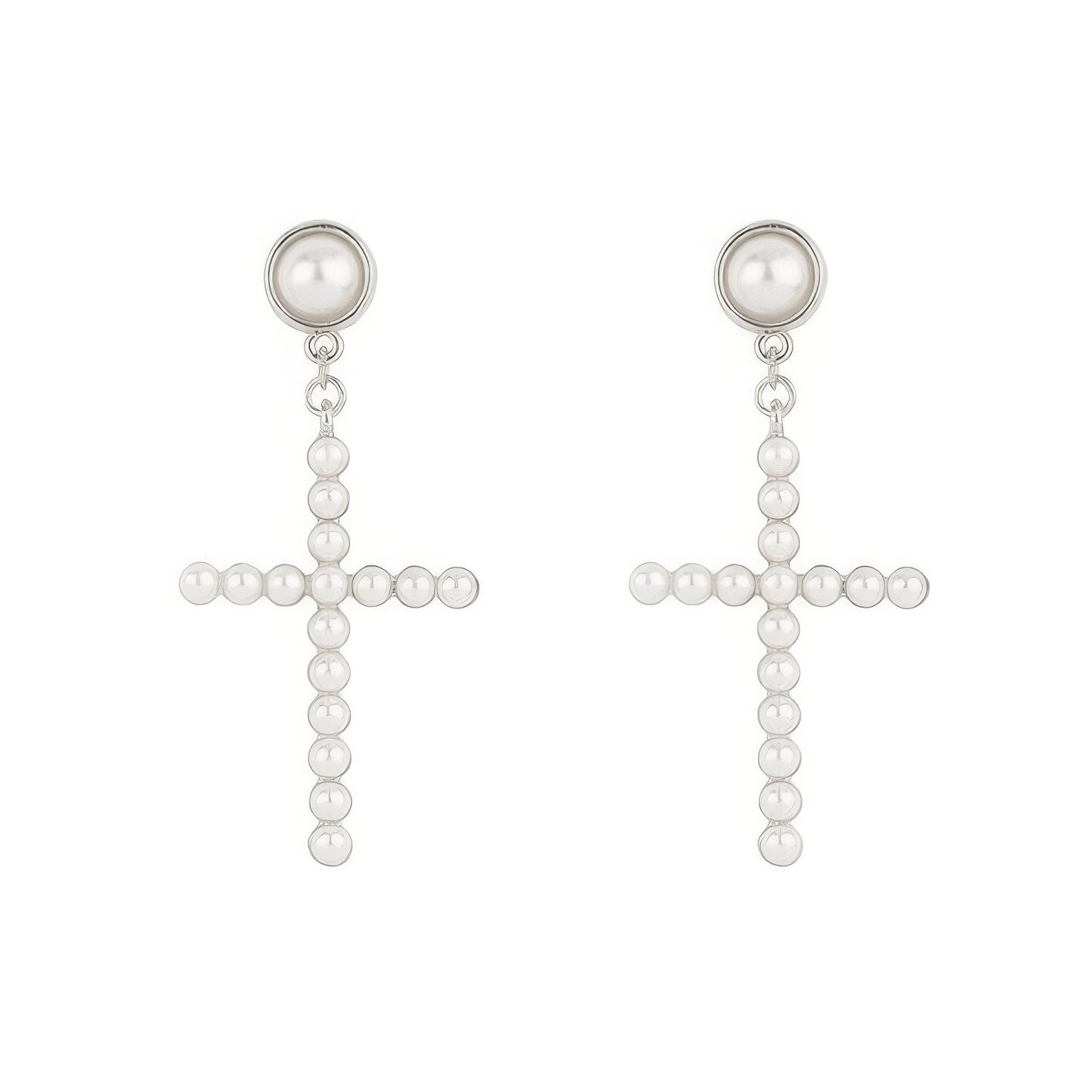 Flash-plated White Pearl Pave Cross Earrings