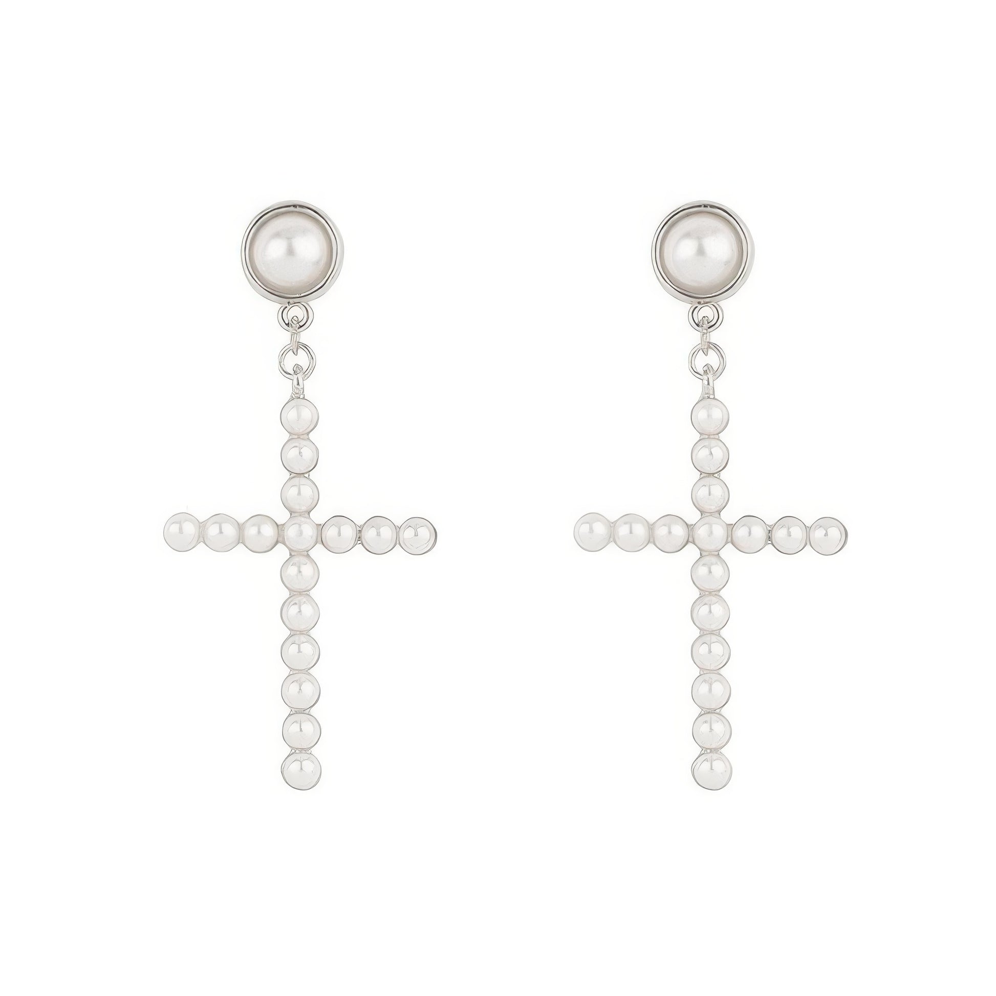 Flash-plated White Pearl Pave Cross Earrings