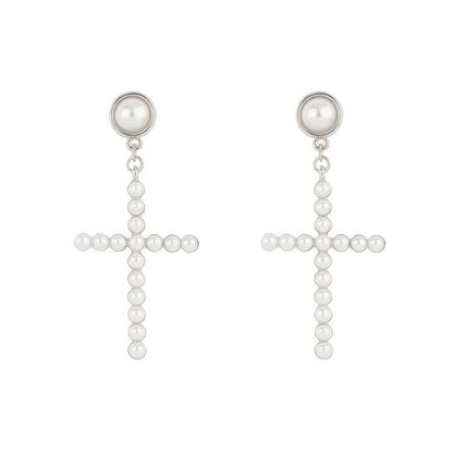 Flash-plated White Pearl Pave Cross Earrings