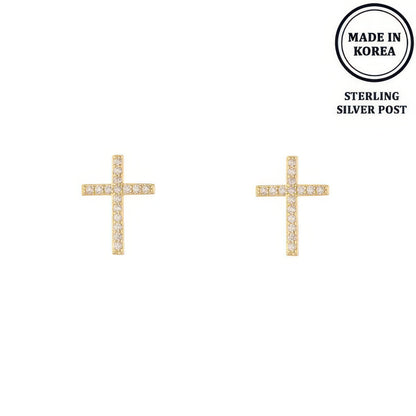 Flash-plated Crystal Pave Cross Earrings