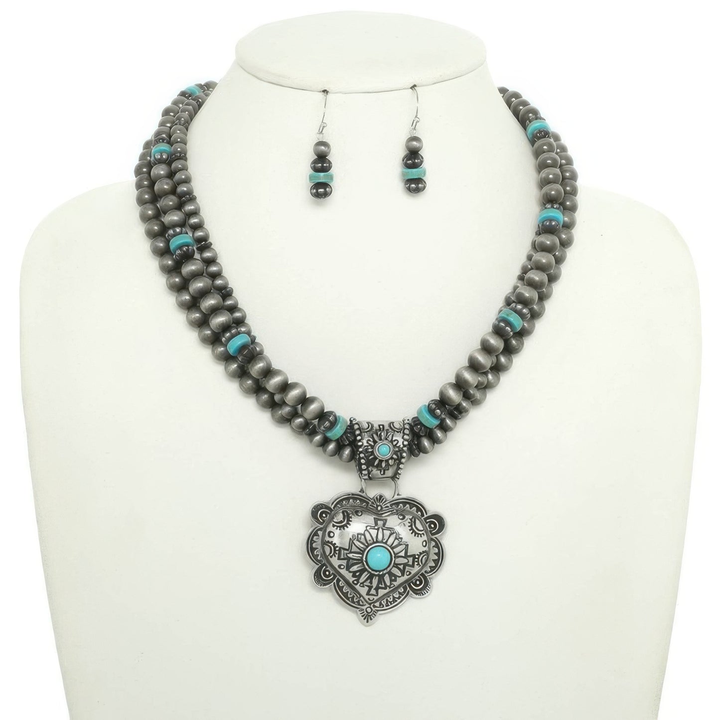 Western Turquoise Heart Pendant Necklace Set