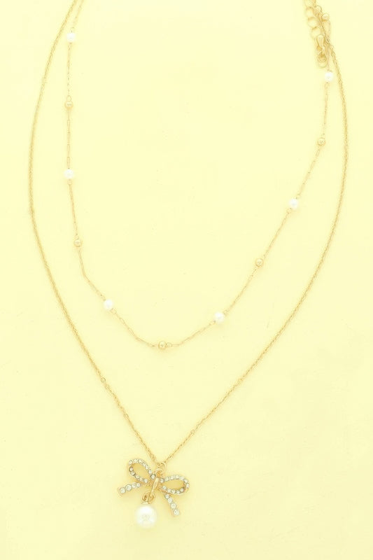 Dual-strand Jewled Bow Pendant Necklace